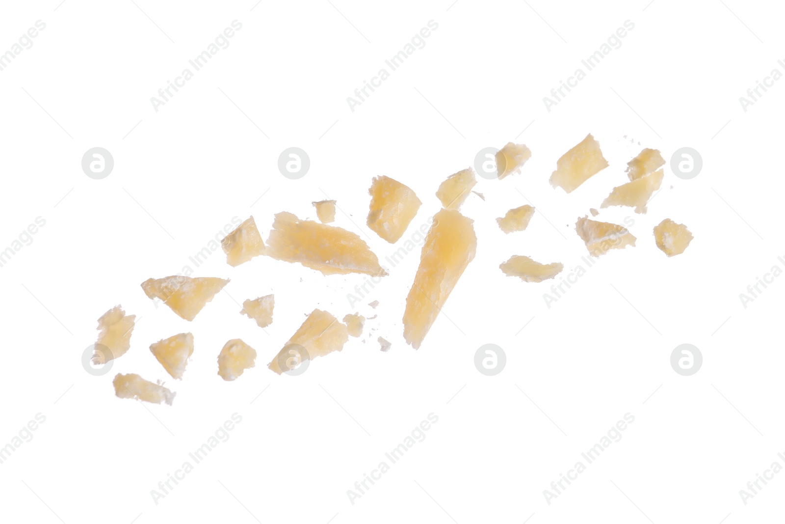 Photo of Pieces of delicious parmesan cheese on white background