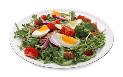 Delicious salad with boiled eggs, vegetables and bacon isolated on white