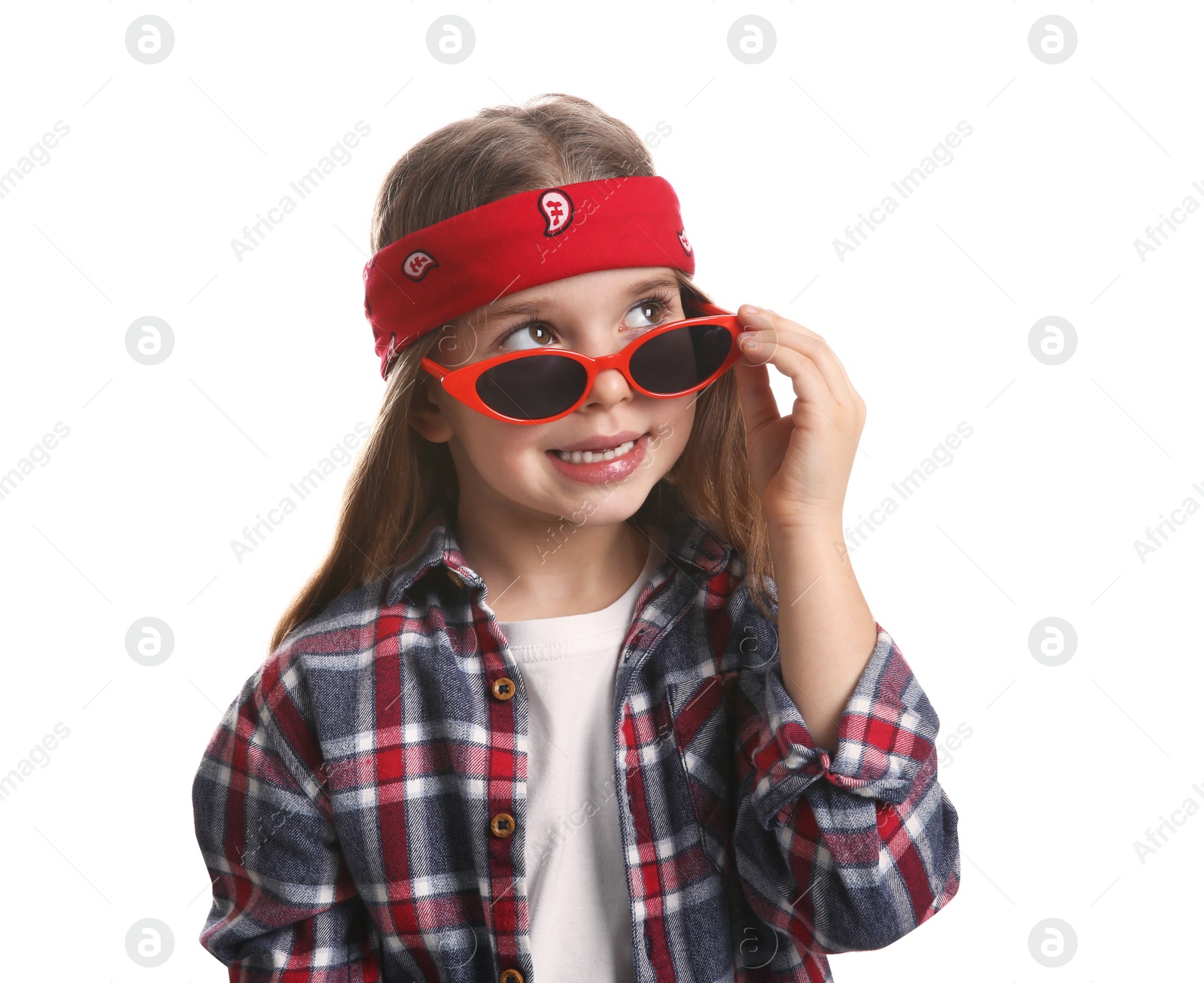 Photo of Cute little girl wearing stylish bandana and sunglasses on white background