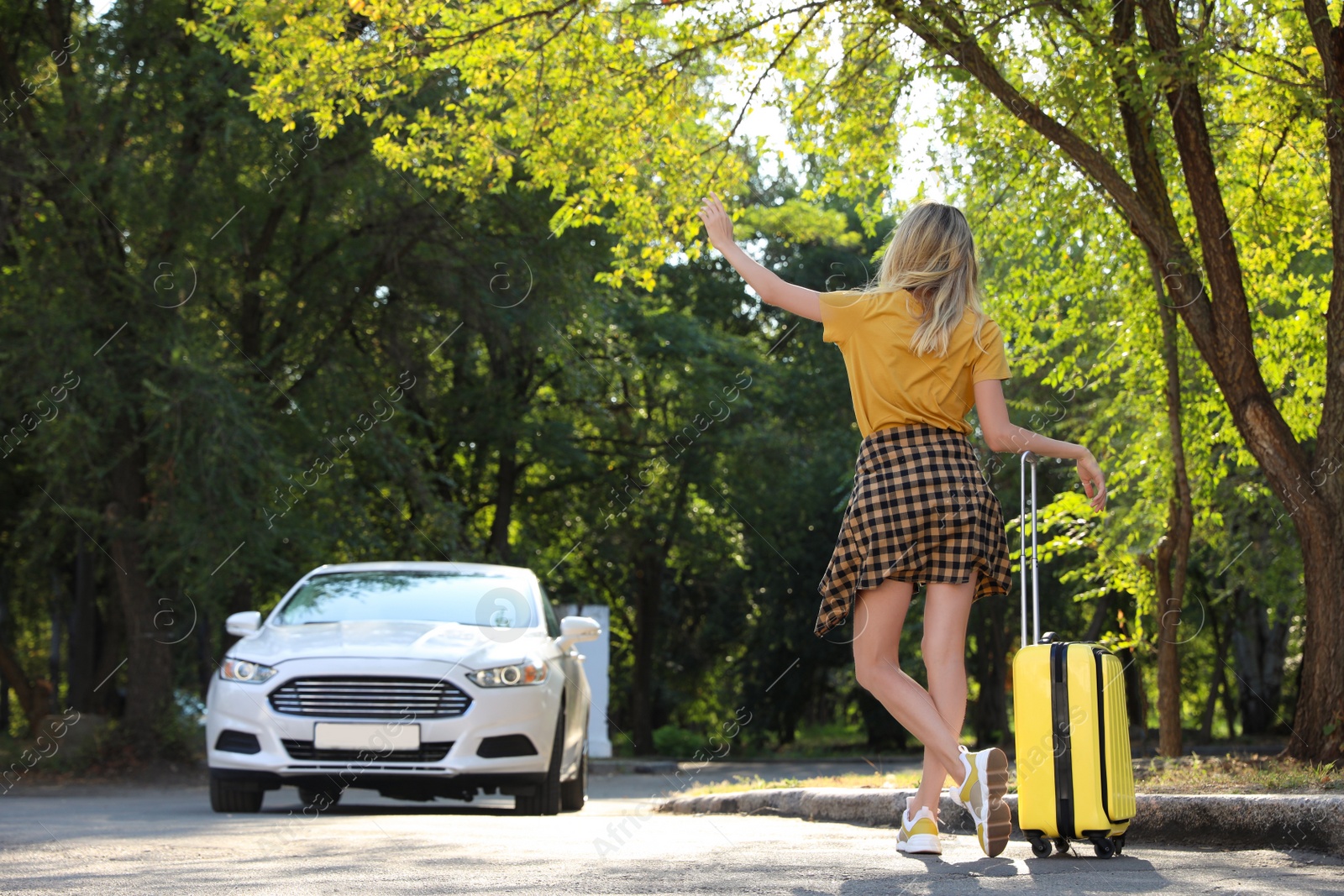 Photo of Woman with suitcase catching taxi on city street, back view