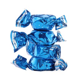 Photo of Candies in light blue wrappers isolated on white