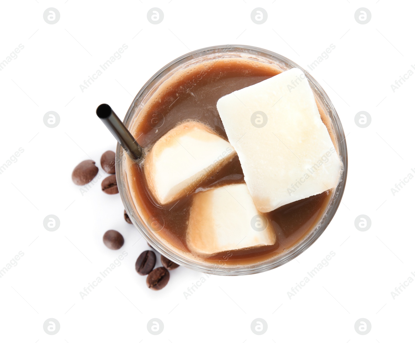 Photo of Coffee drink with milk ice cubes and beans on white background, top view