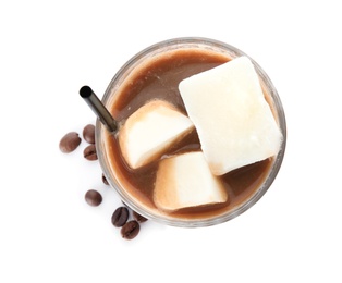 Coffee drink with milk ice cubes and beans on white background, top view