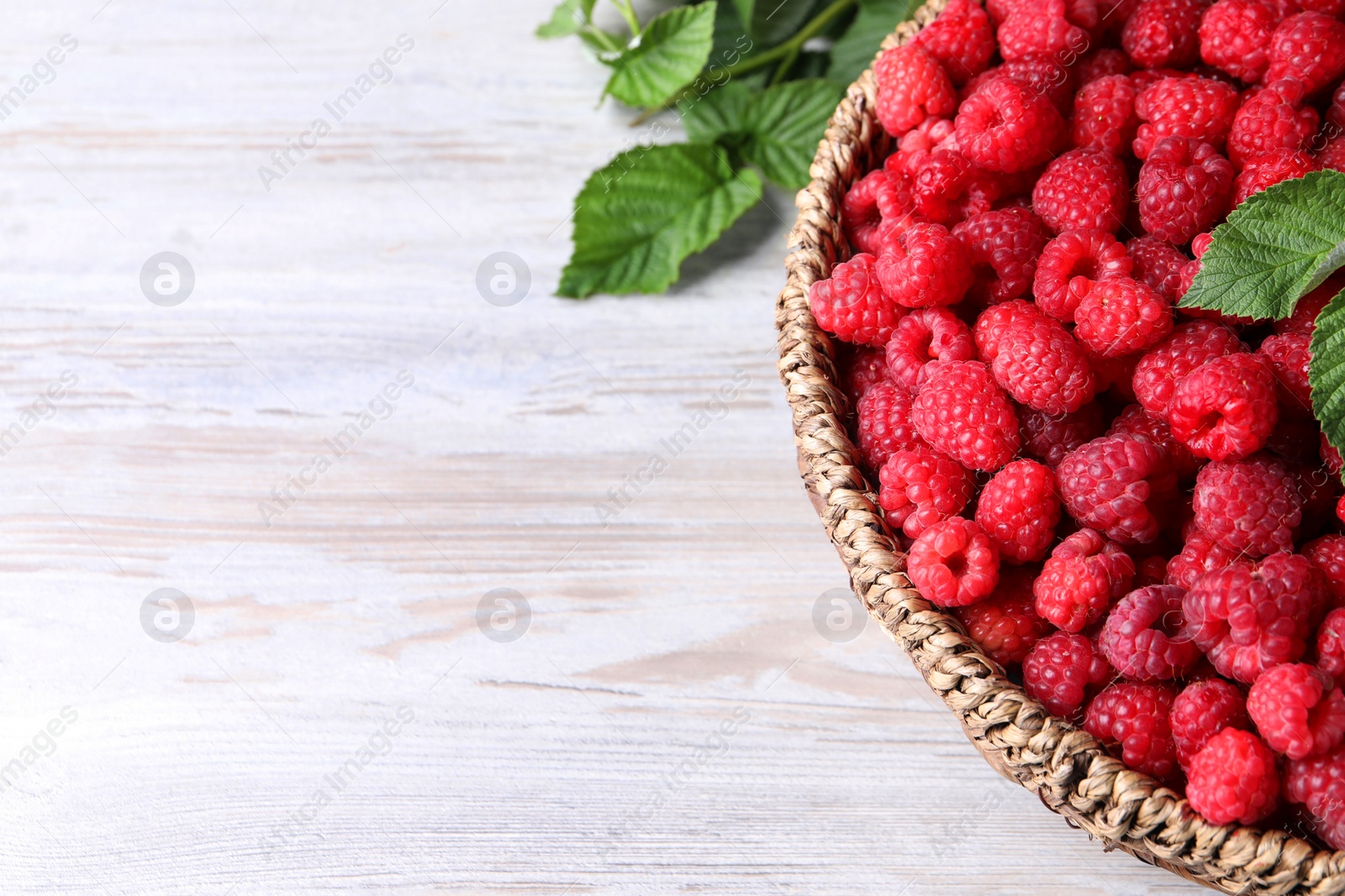 Photo of Tasty ripe raspberries and green leaves on white wooden table, space for text