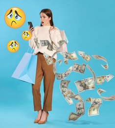 Image of Buyer's remorse. Shocked woman with shopping bags looking at her money balance on smartphone against light blue background. Sad emoji illustrations and flying dollar banknotes