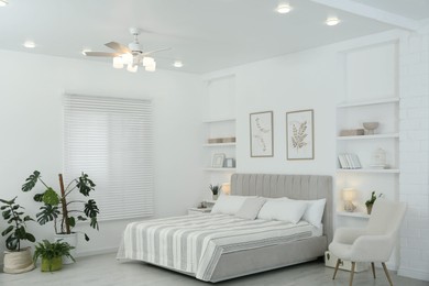 Comfortable furniture, ceiling fan, houseplants and accessories in stylish bedroom