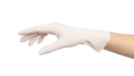 Doctor wearing medical gloves on white background, closeup