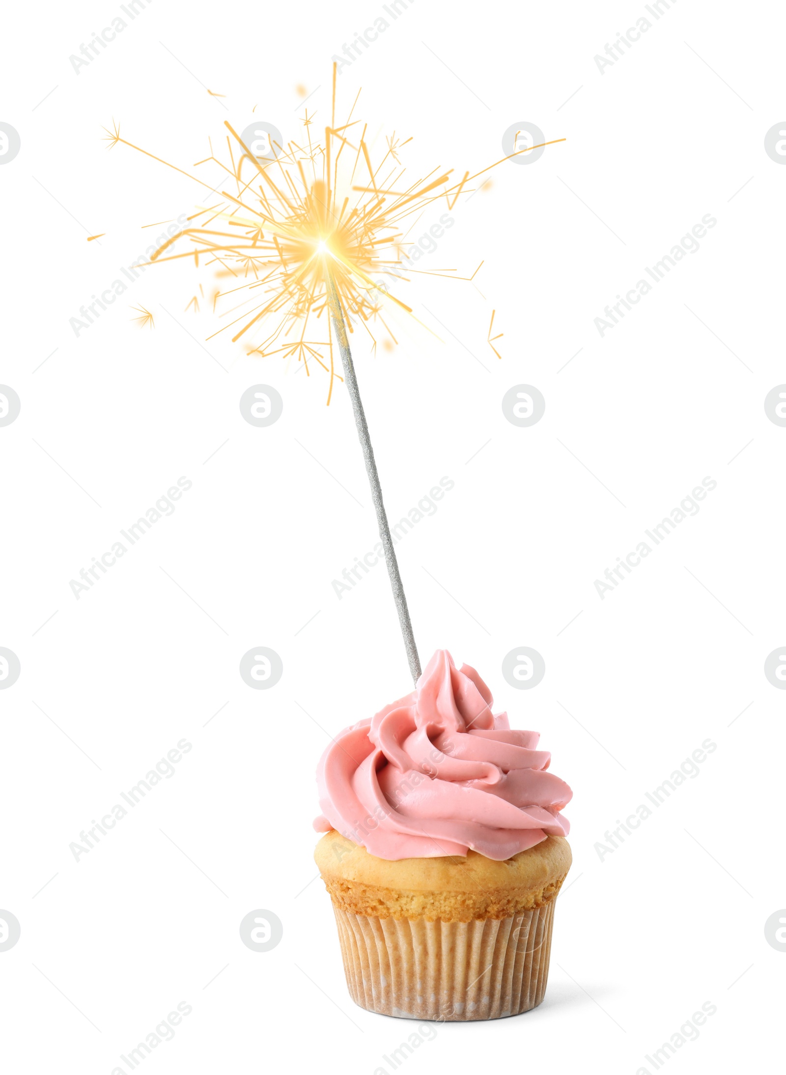 Image of Birthday cupcake with sparkler on white background