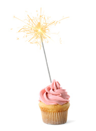 Birthday cupcake with sparkler on white background