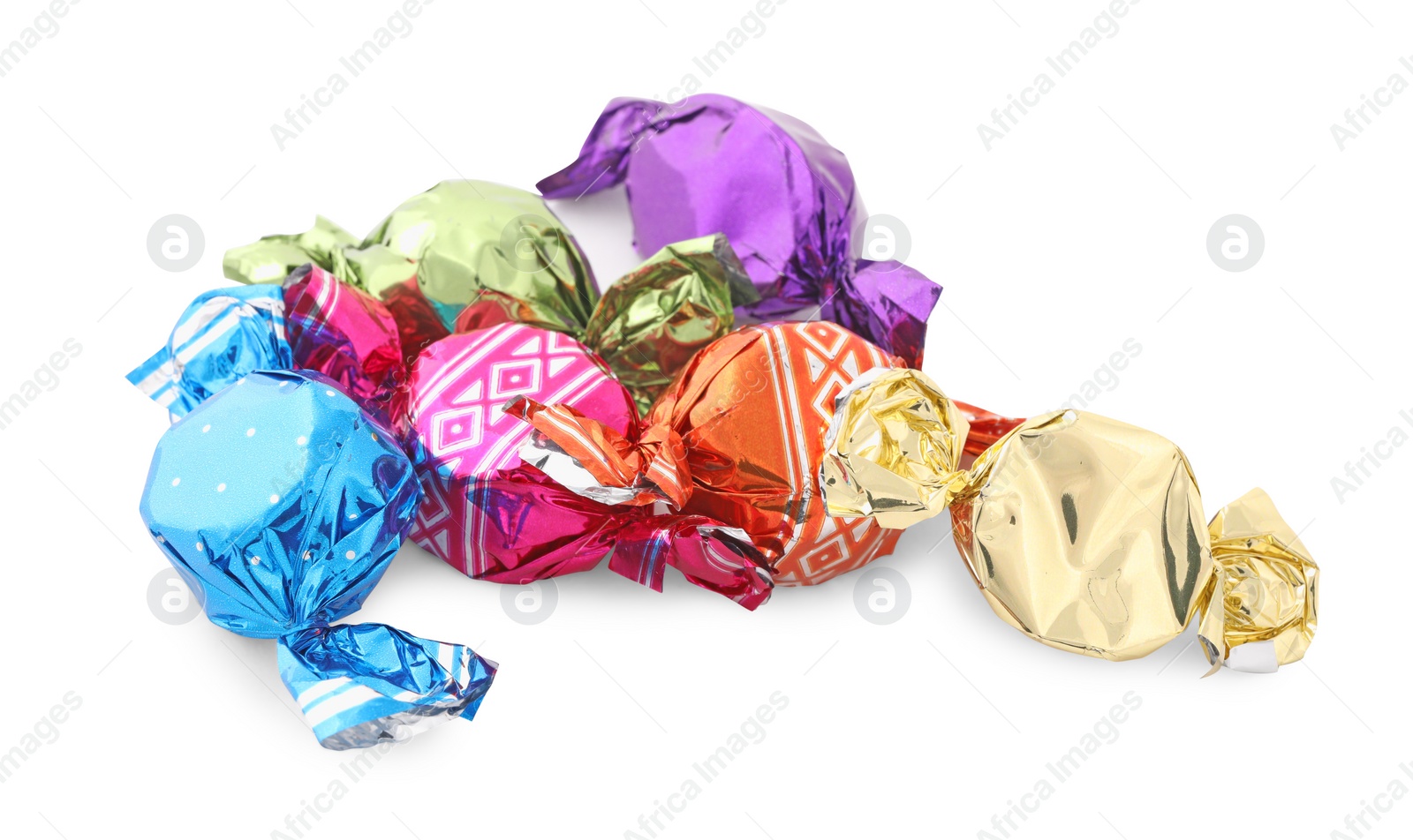 Photo of Sweet candies in colorful wrappers on white background