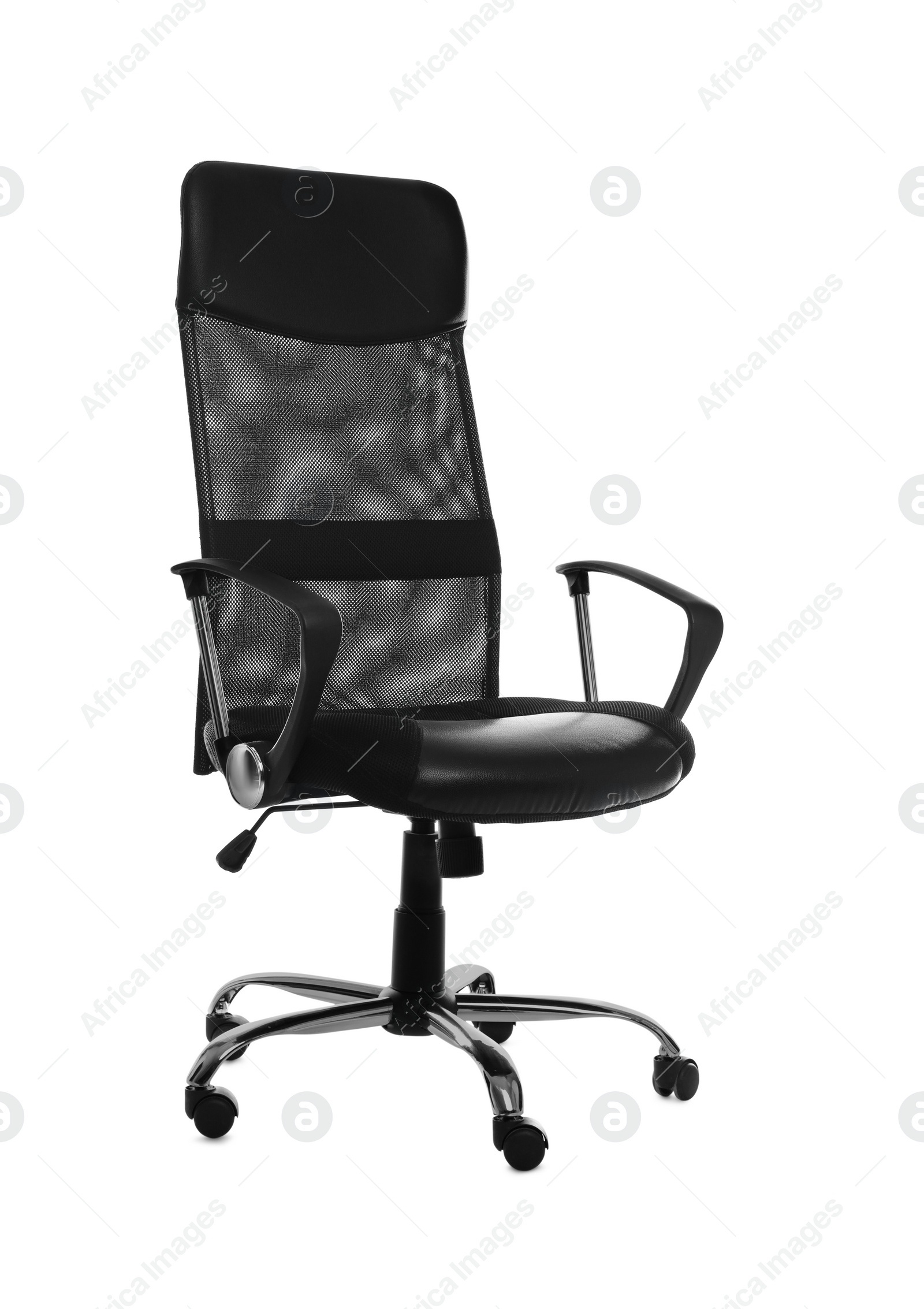 Photo of Comfortable office chair with leather seat isolated on white