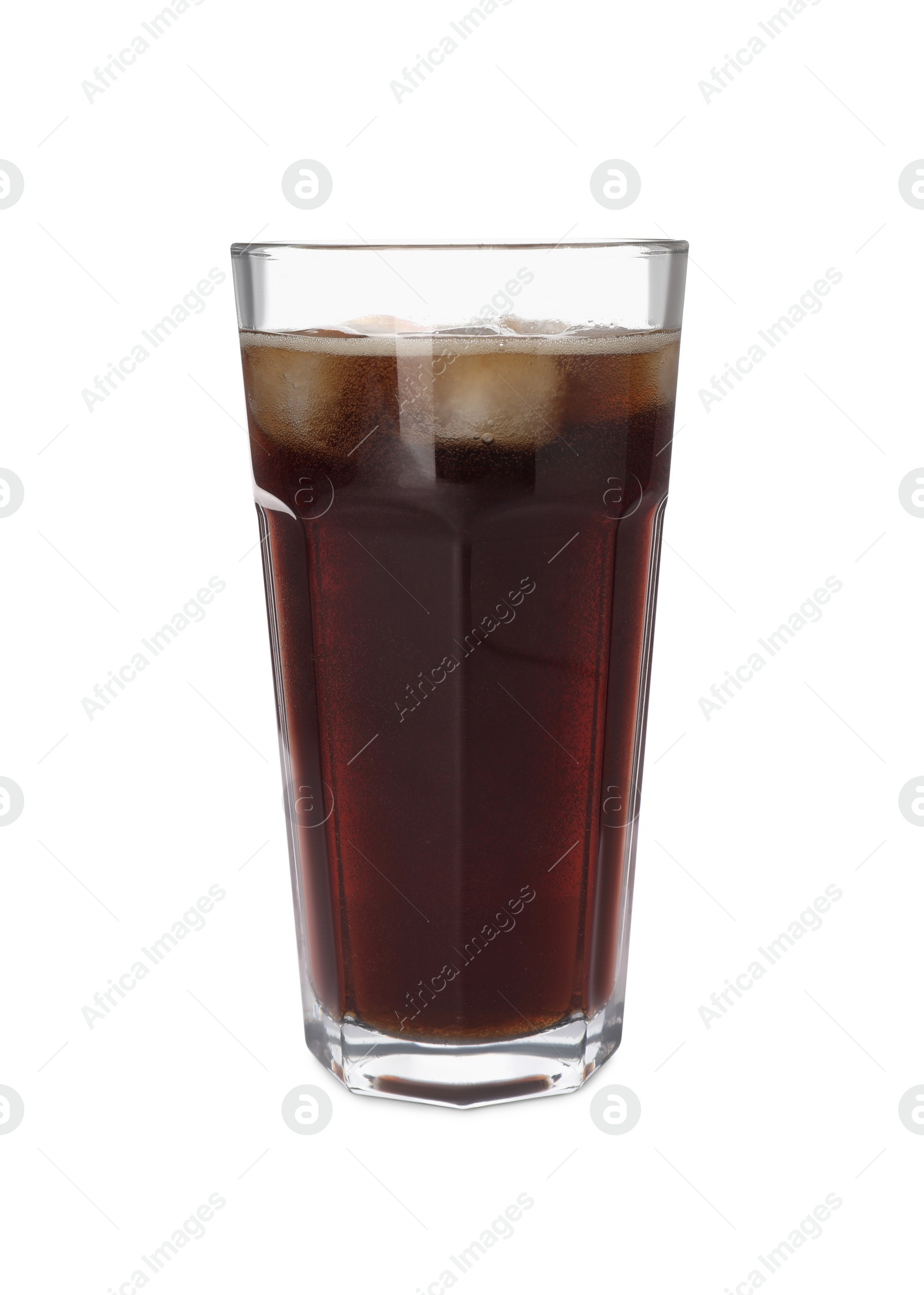 Photo of Glass of refreshing soda water with ice cubes isolated on white