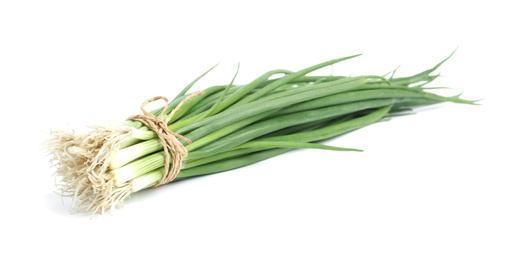 Photo of Fresh green spring onions isolated on white