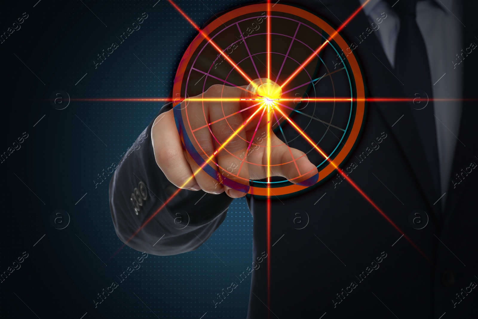 Image of Businessman pointing at virtual screen with digital target against dark background, closeup