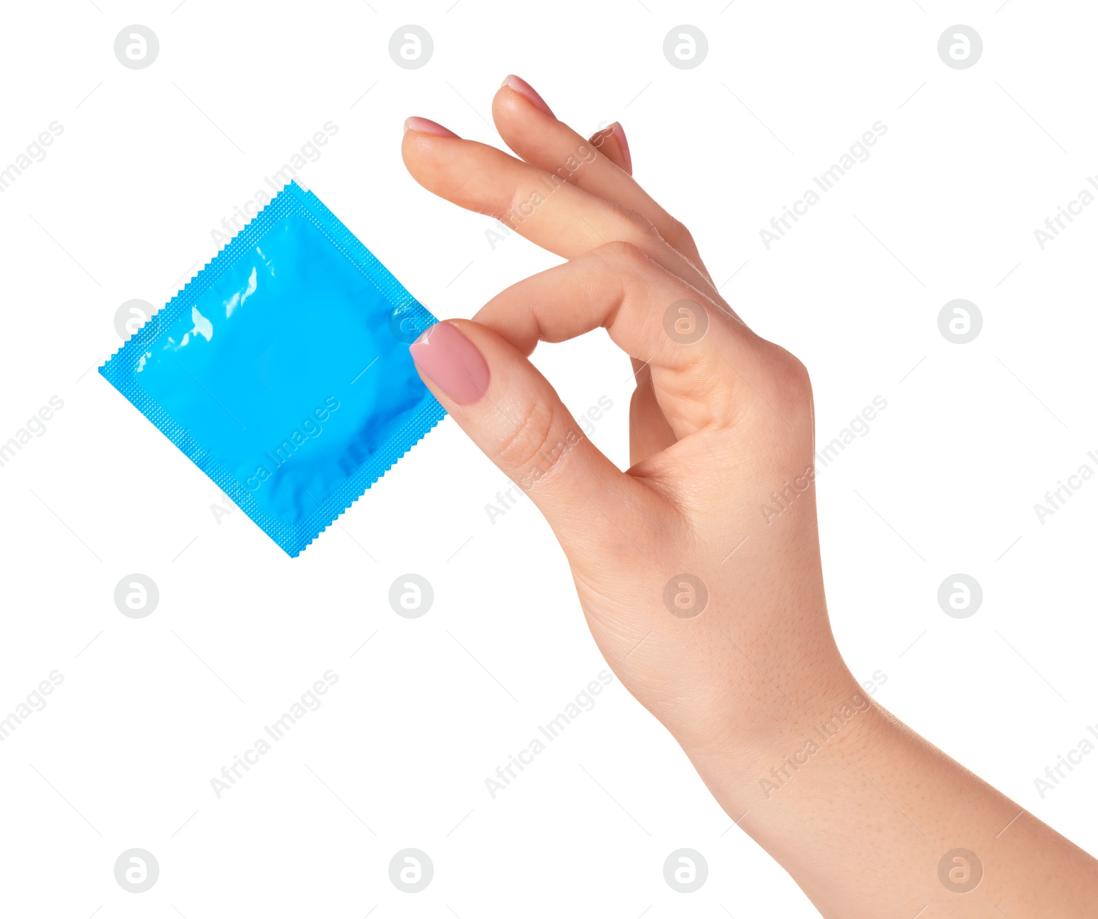 Photo of Woman holding condom on white background, closeup