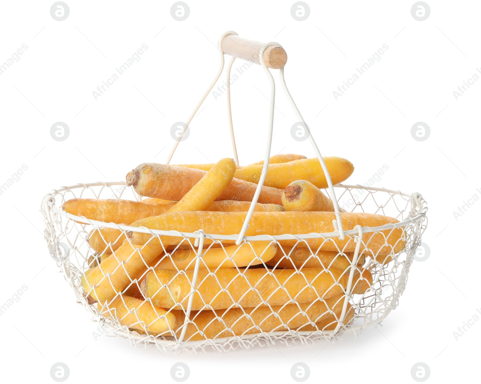 Photo of Raw yellow carrots in metal basket isolated on white