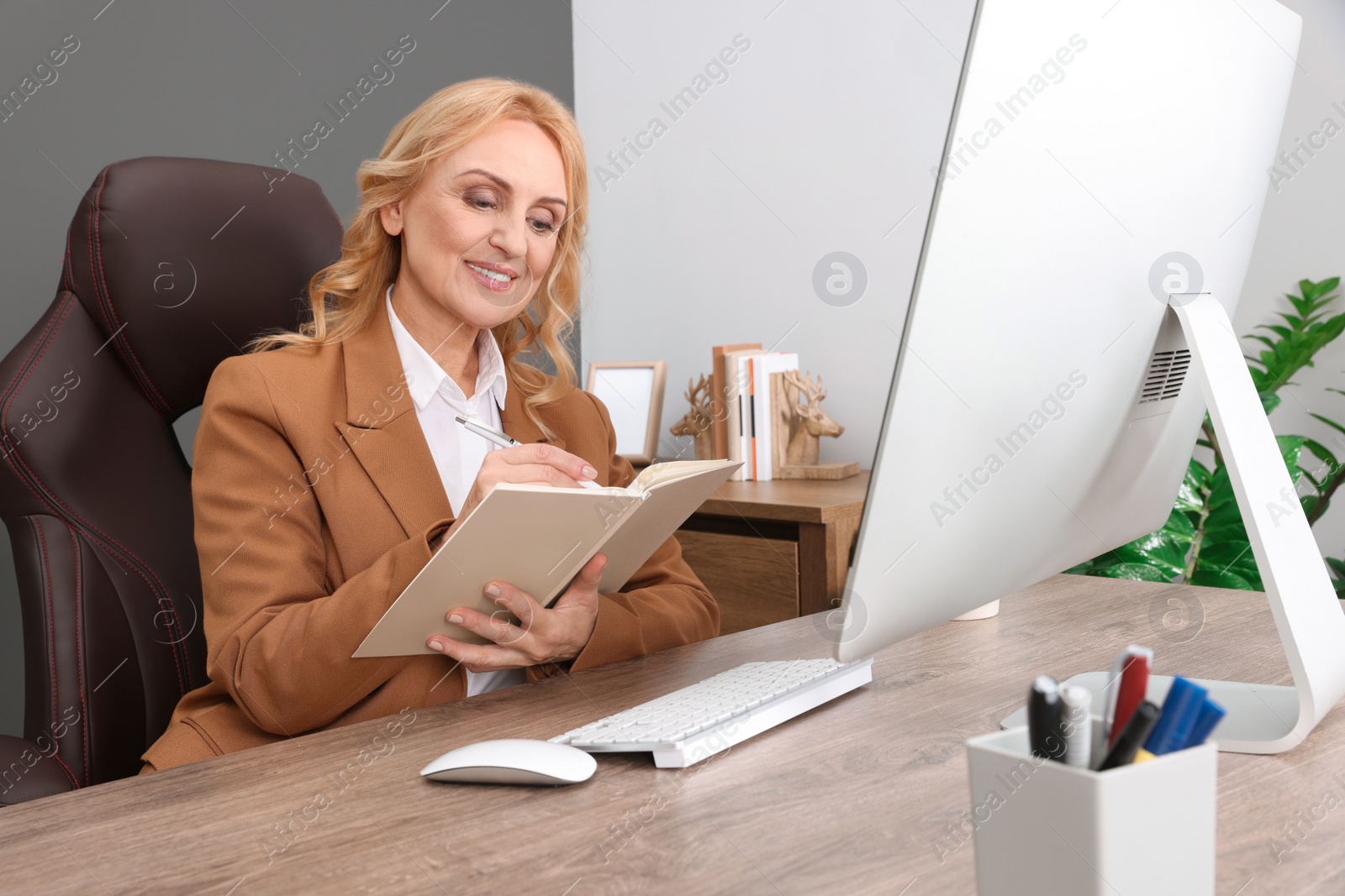 Photo of Lady boss working near computer at desk in office. Successful businesswoman