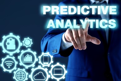 Image of Concept of predictive analytics. Businessman and different virtual icons on color background, closeup