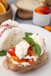 Photo of Delicious sandwich with burrata cheese and tomatoes on plate, closeup. Space for text