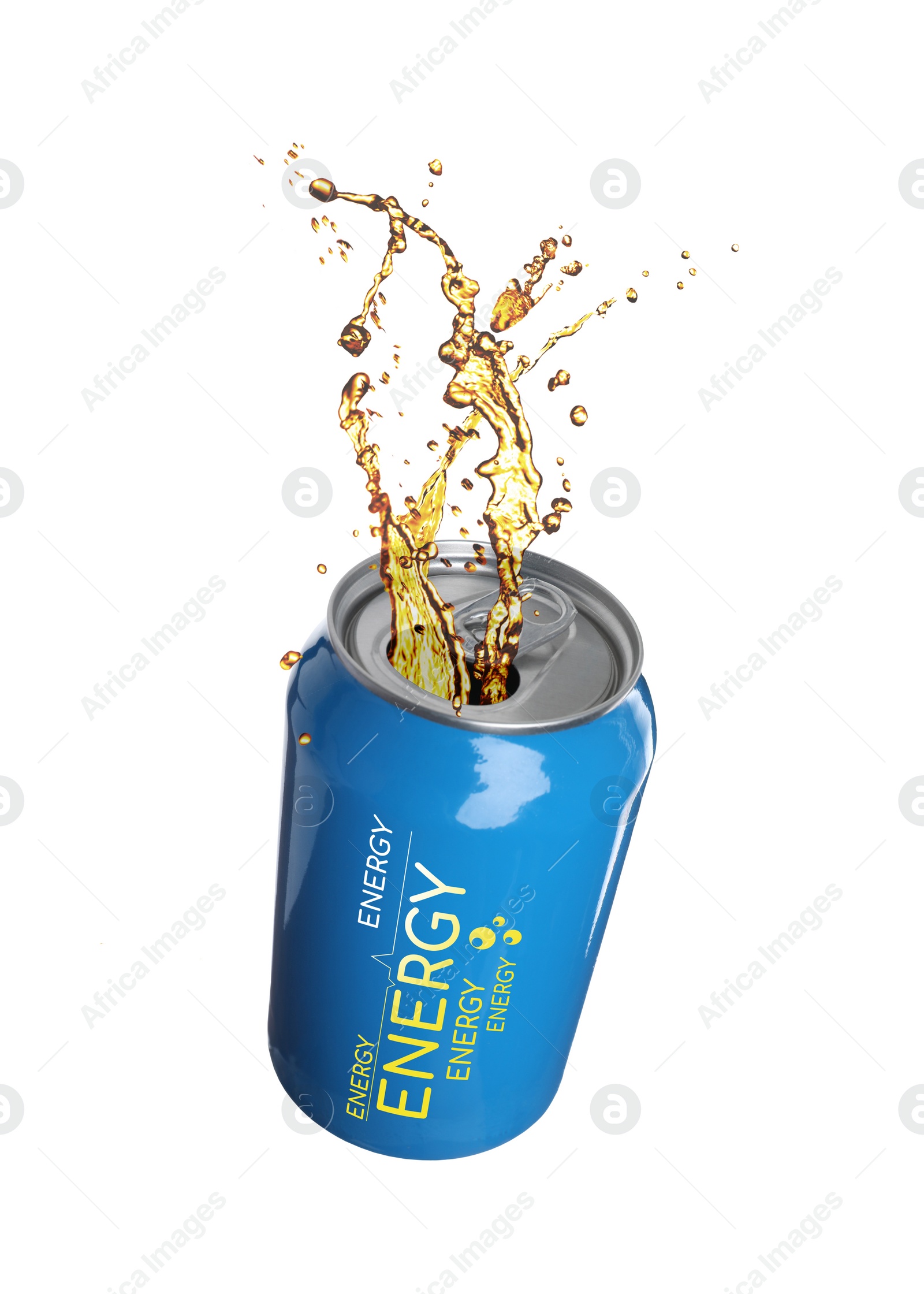 Image of Can of energy drink with splashes on white background