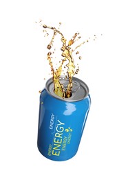 Can of energy drink with splashes on white background