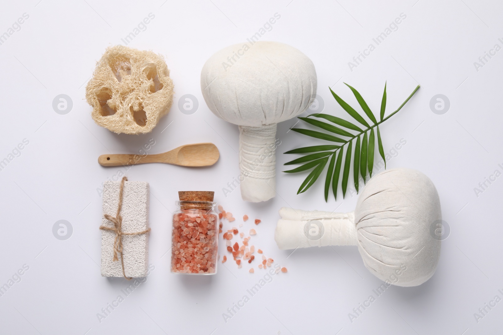 Photo of Flat lay composition with different spa products on white background