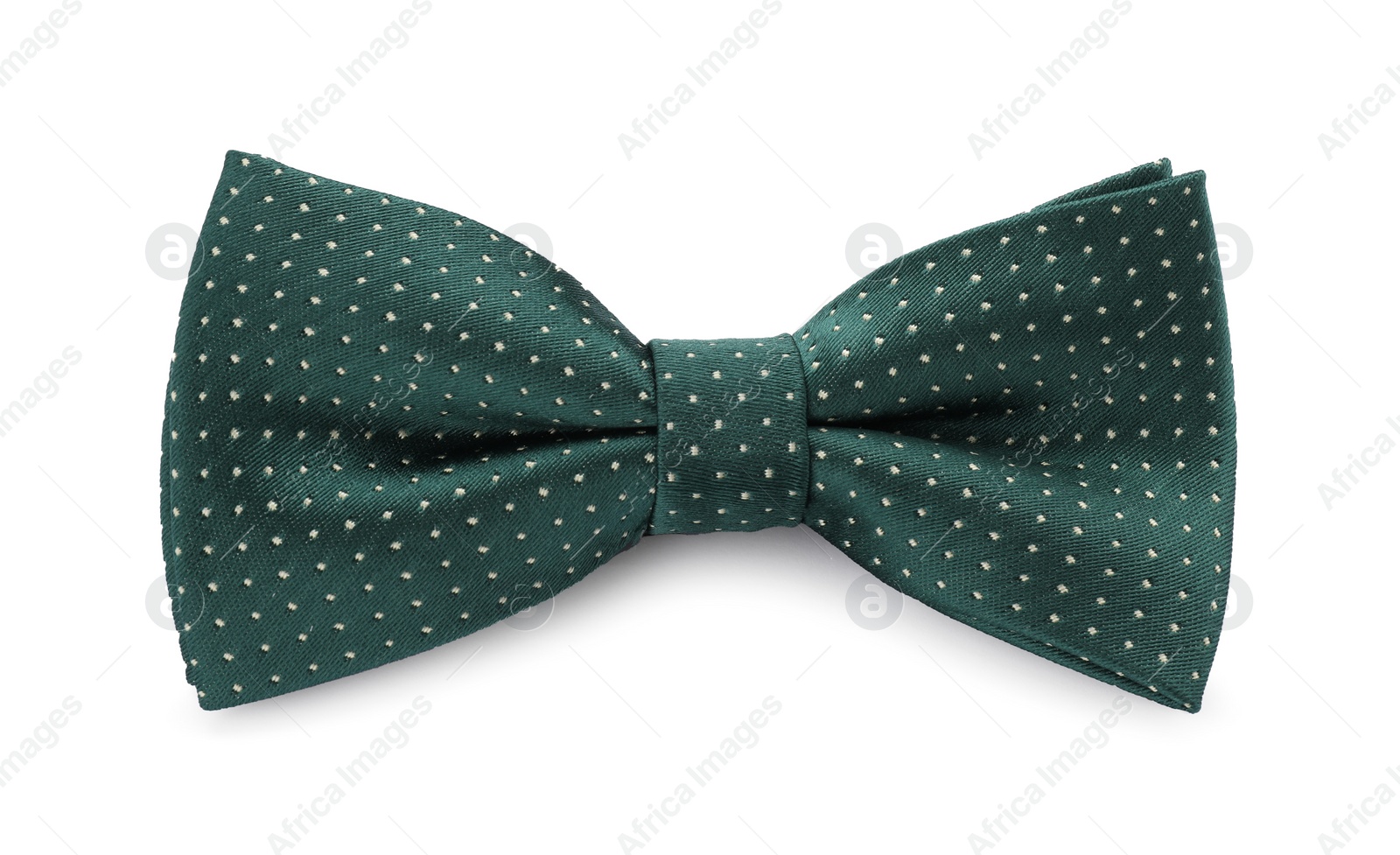 Photo of Stylish green bow tie with polka dot pattern on white background