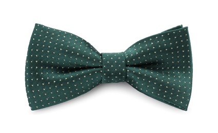 Photo of Stylish green bow tie with polka dot pattern on white background