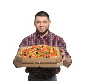 Photo of Attractive young man with delicious pizza on white background