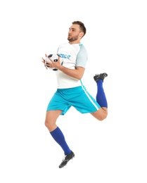 Young man playing football on white background