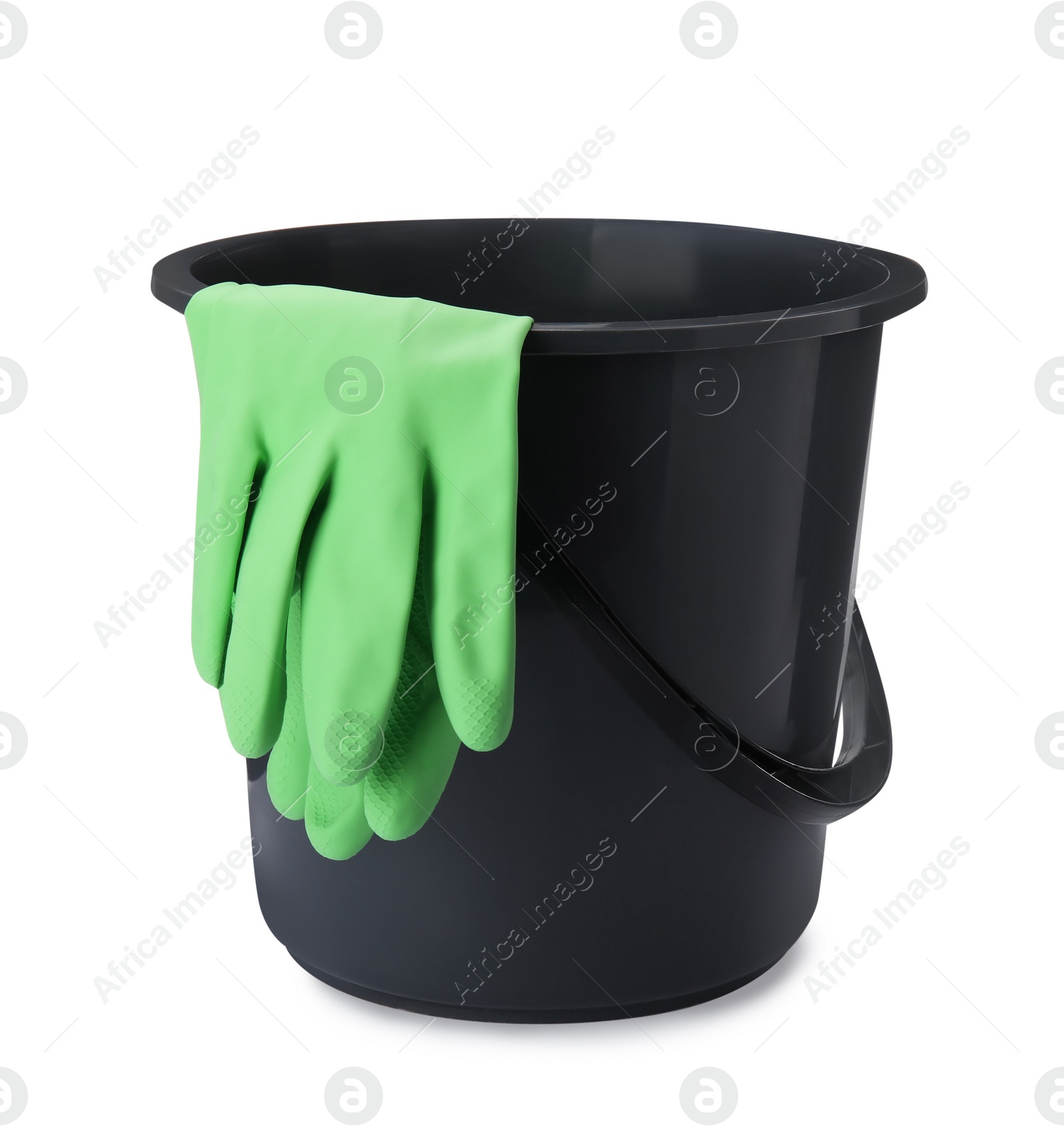 Photo of Black bucket with gloves isolated on white