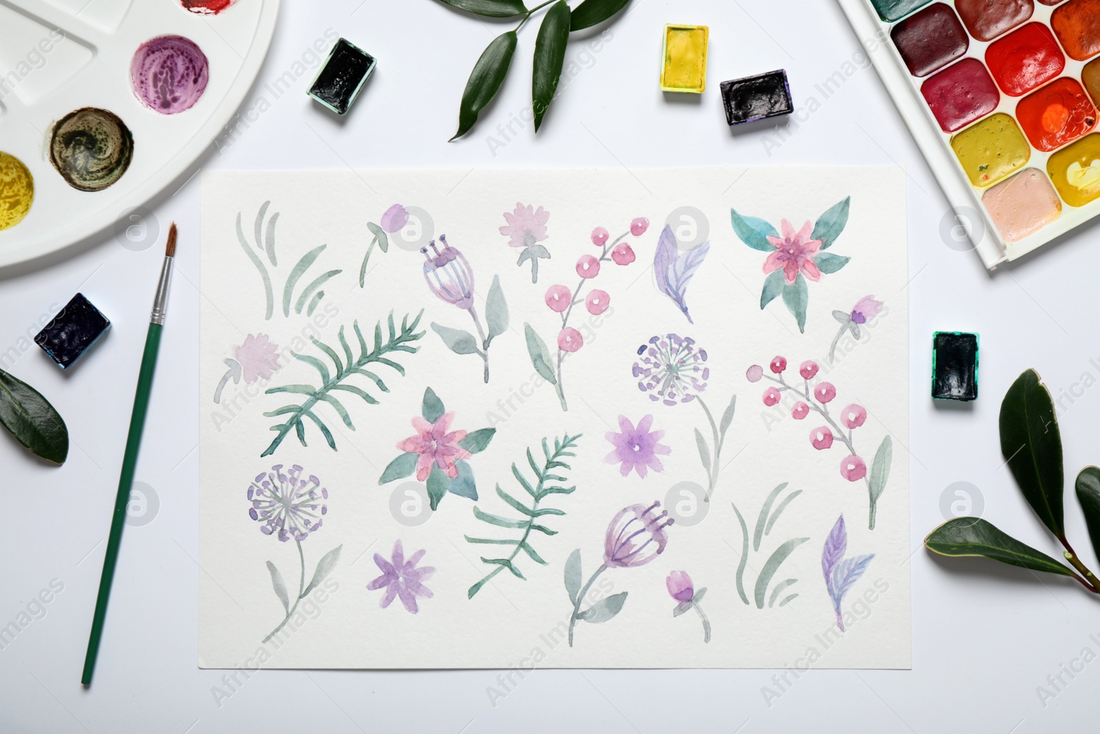 Photo of Flat lay composition with floral picture and watercolor paints on white background