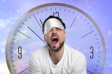 Insomnia. Sleepy man yawning. Clock behind him against starry sky