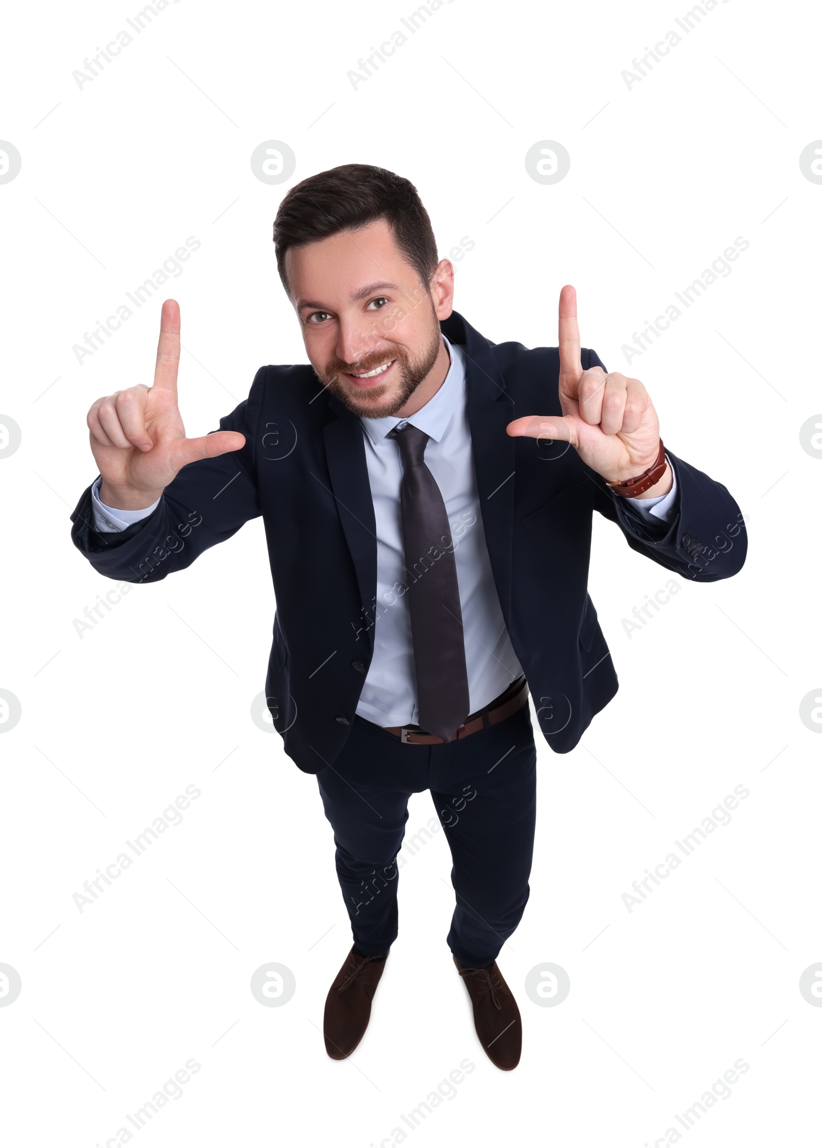 Photo of Handsome bearded businessman in suit on white background, above view