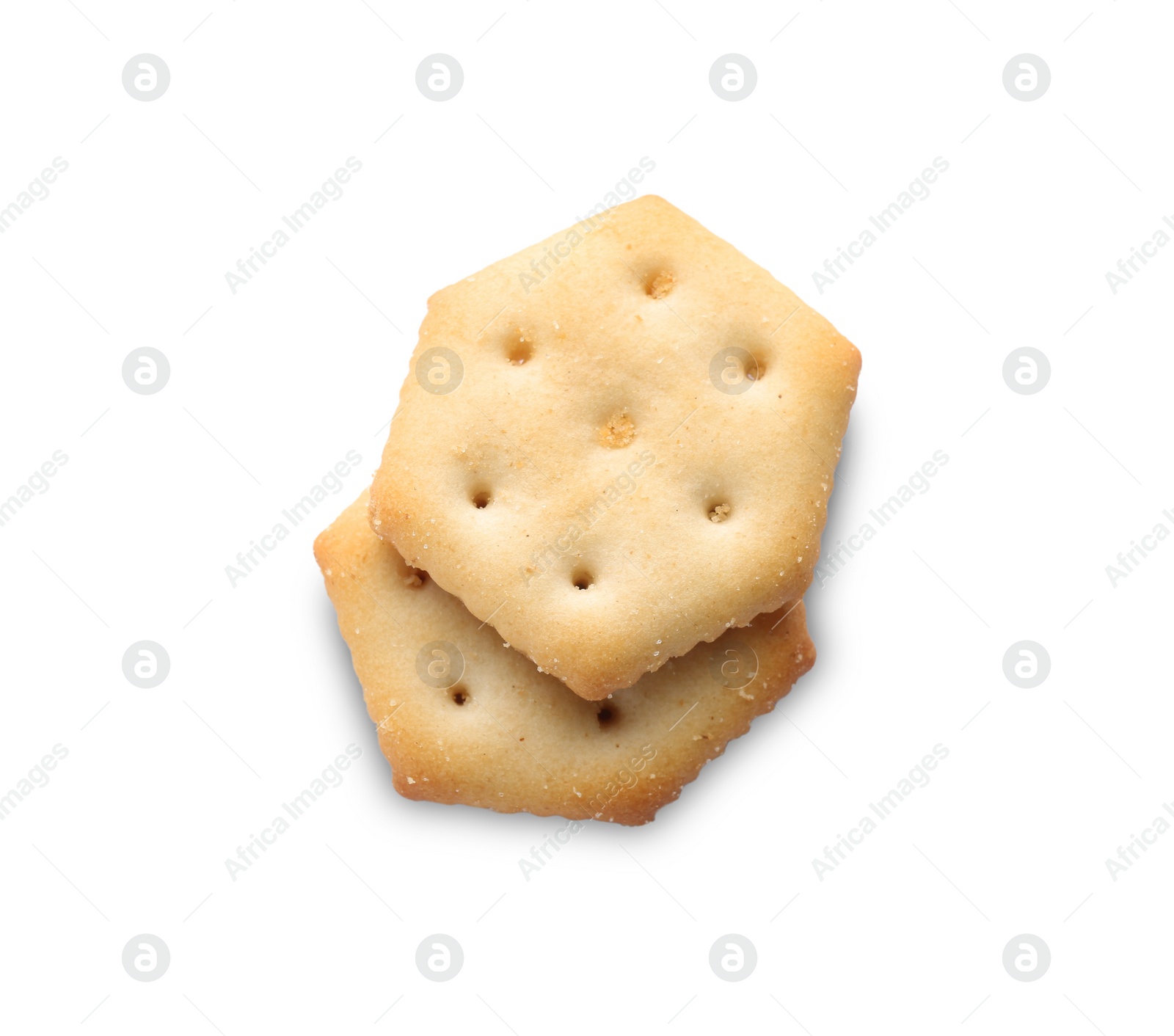 Photo of Delicious crispy crackers isolated on white, top view