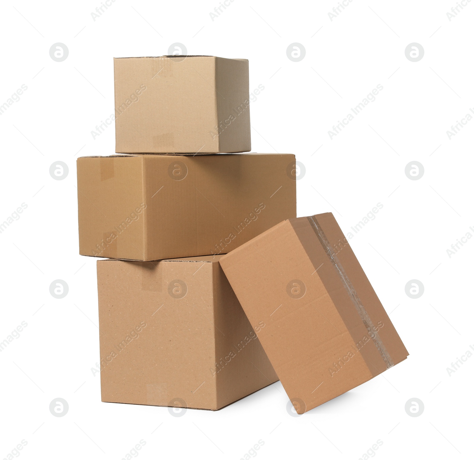 Photo of Many closed cardboard boxes on white background. Delivery service