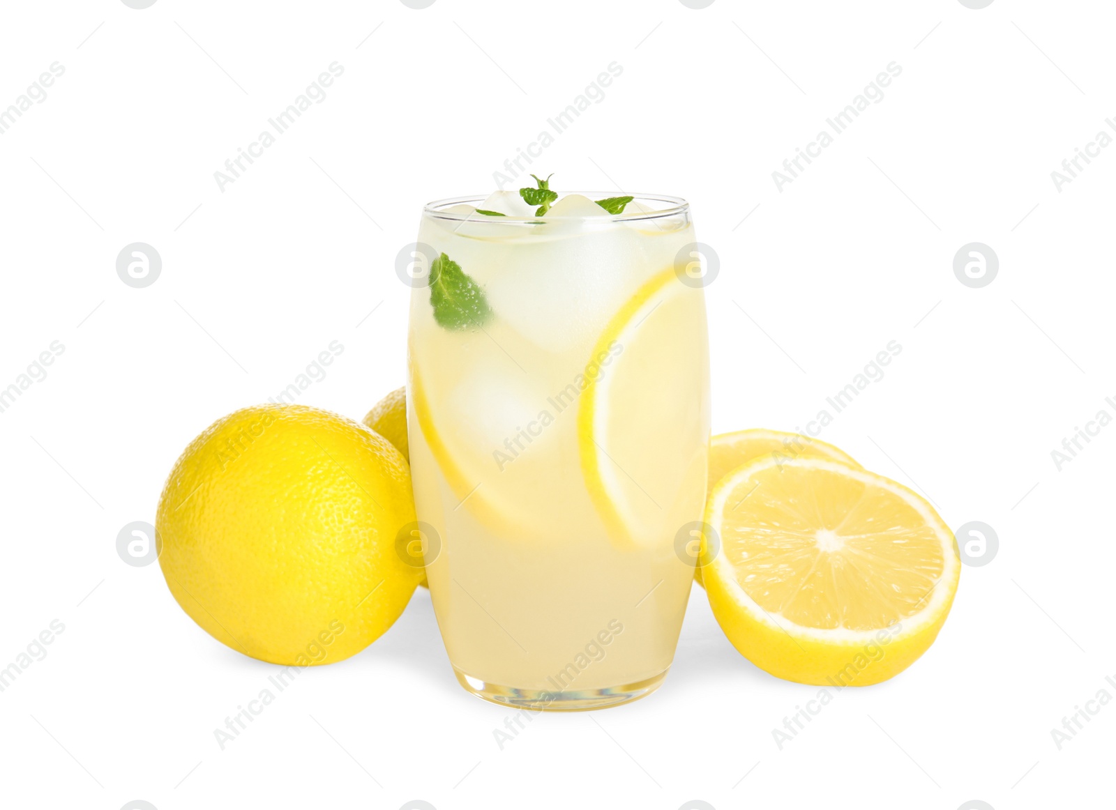 Photo of Cool freshly made lemonade and fruits on white background