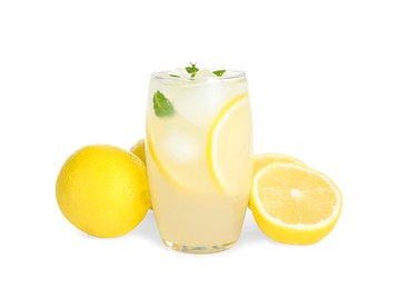 Photo of Cool freshly made lemonade and fruits on white background