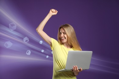 Speed internet. Happy woman using laptop on purple background. Motion blur effect symbolizing fast connection