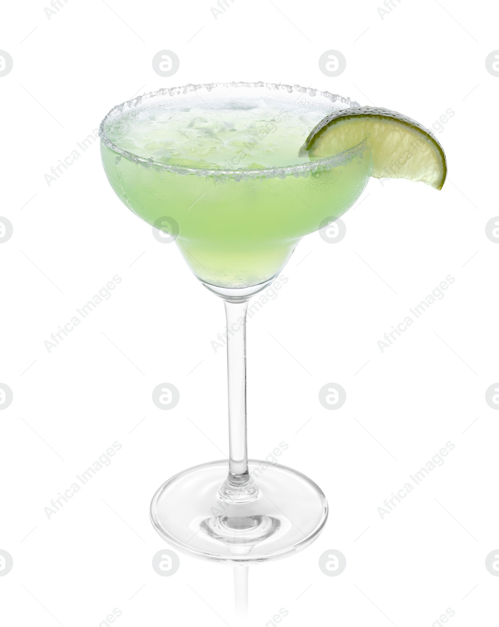 Photo of Delicious Margarita cocktail with ice cubes in glass, salt and lime isolated on white