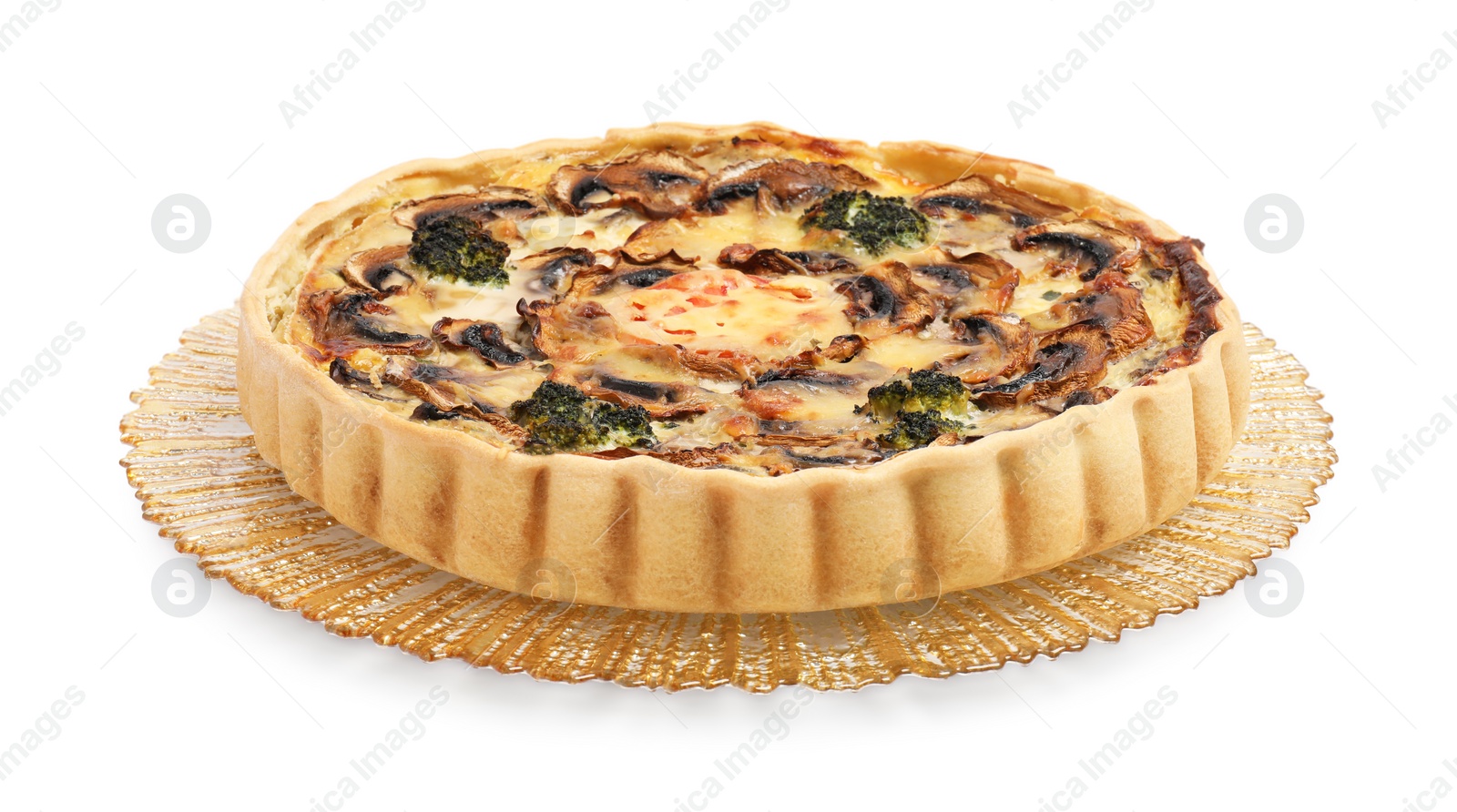 Photo of Delicious quiche with mushrooms isolated on white