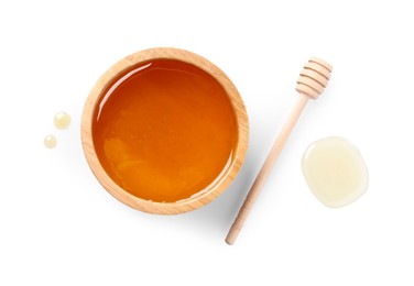 Photo of Tasty honey in bowl and dipper isolated on white, top view