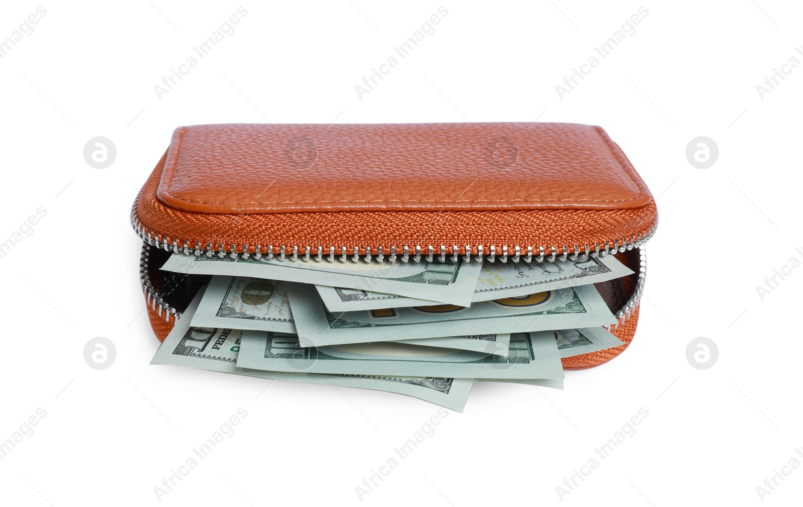 Photo of Stylish brown leather purse with money isolated on white