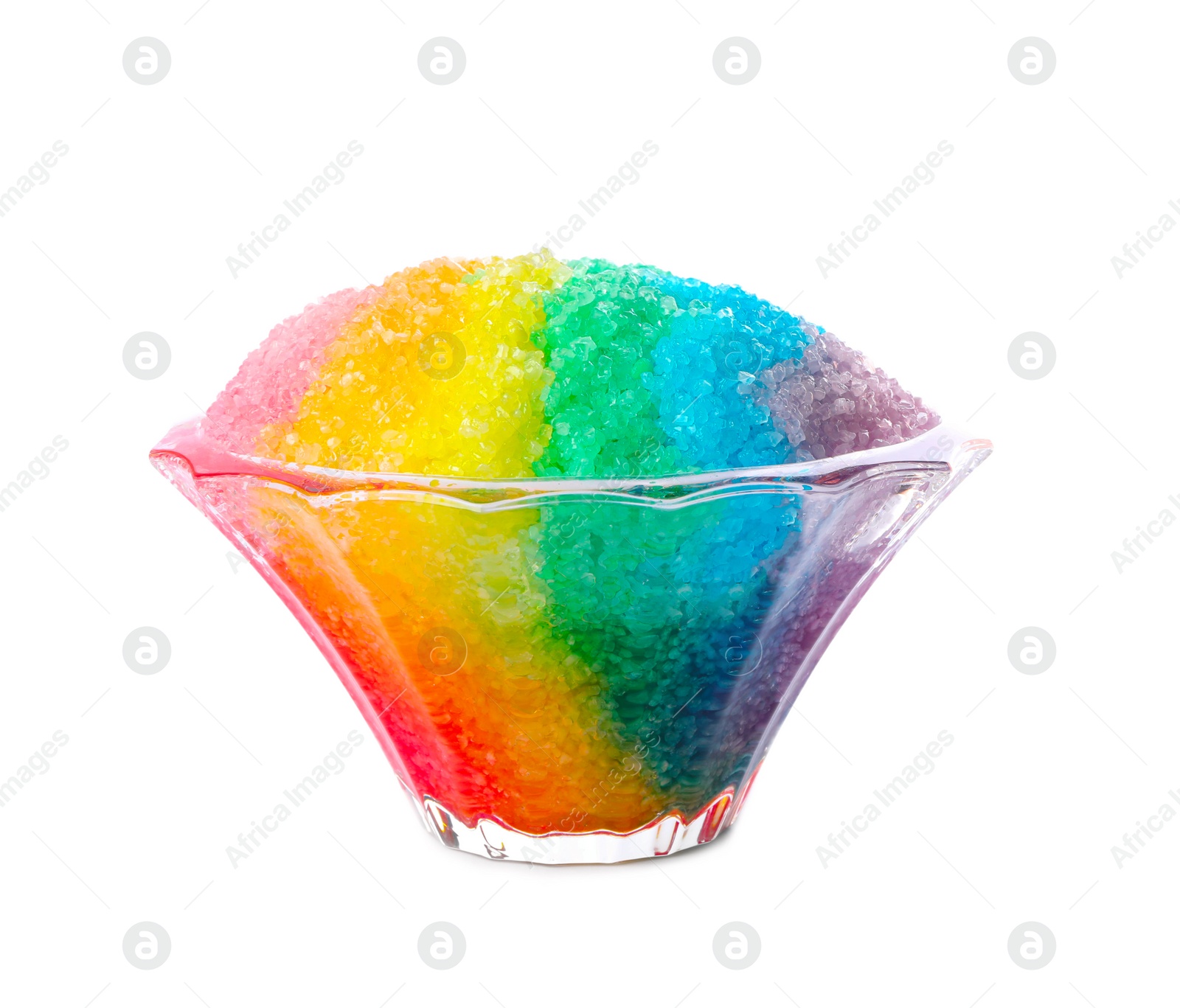 Photo of Rainbow shaving ice in glass dessert bowl isolated on white