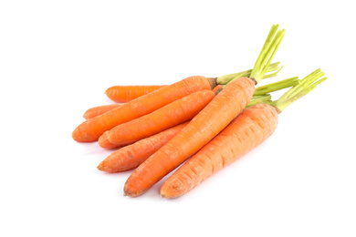 Photo of Bunch of fresh ripe carrots isolated on white