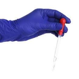 Photo of Scientist with pipette on white background, closeup