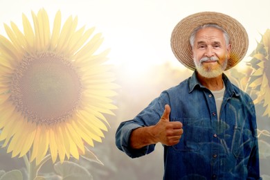 Image of Double exposure of happy farmer and sunflower field. Space for text