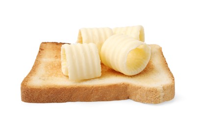 Tasty butter curls and toast isolated on white