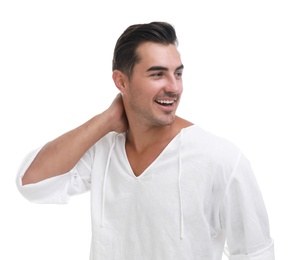 Portrait of handsome young man on white background