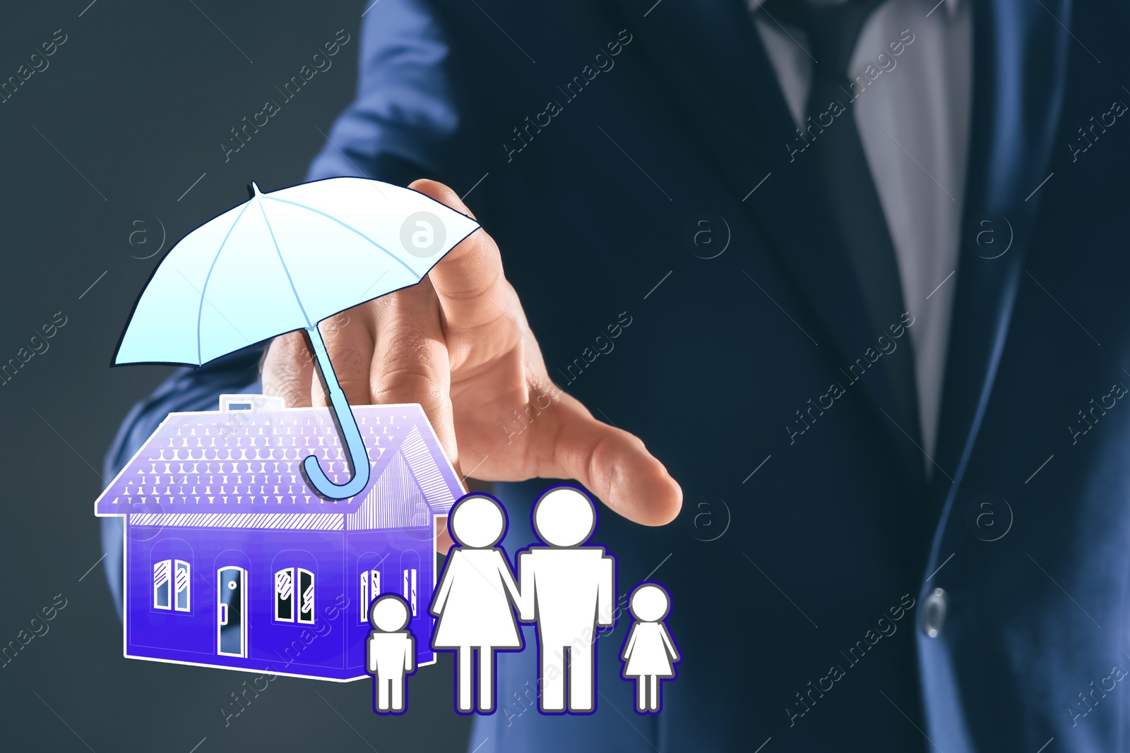 Image of Insurance concept - umbrella demonstrating protection. Man using virtual screen with illustrations, closeup